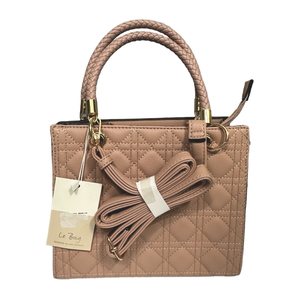 LE BAG Blush Nude Quilted Stitched Vegan Leather Satchel Crossbody Bag EUC